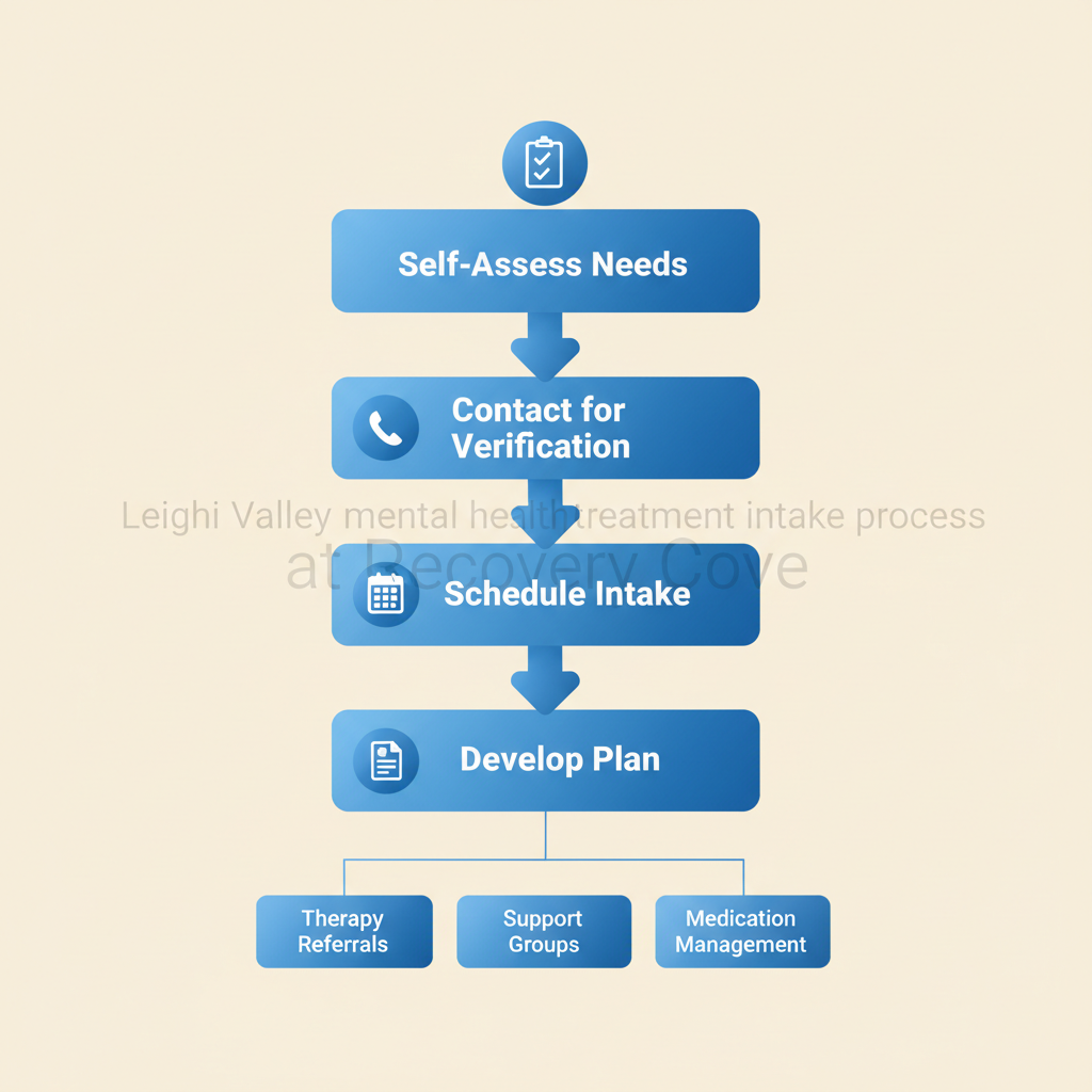 Vertical process flow diagram illustrating four steps to begin mental health treatment in Lehigh Valley: self-assess needs, contact for insurance verification, schedule intake appointment, develop personalized plan.