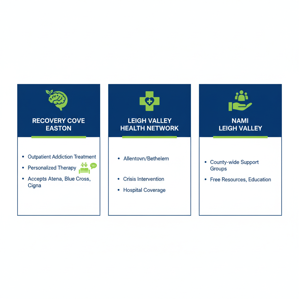 Infographic comparing Recovery Cove, Lehigh Valley Health Network, and NAMI Lehigh Valley mental health services with icons and key details.