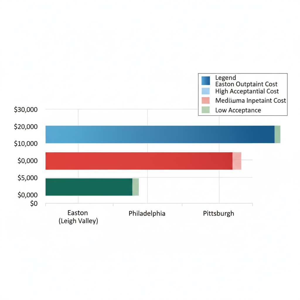 Bar chart comparing alcohol rehab costs and insurance acceptance levels in Easton, Philadelphia, and Pittsburgh, Pennsylvania.