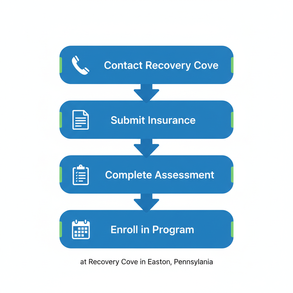 Vertical process flow diagram showing four steps to start alcohol treatment at Recovery Cove: contact, insurance verification, assessment, and enrollment.