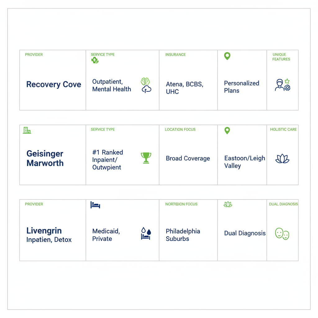 Infographic comparing features of top Pennsylvania drug rehab providers: Recovery Cove, Geisinger Marworth, and Livengrin