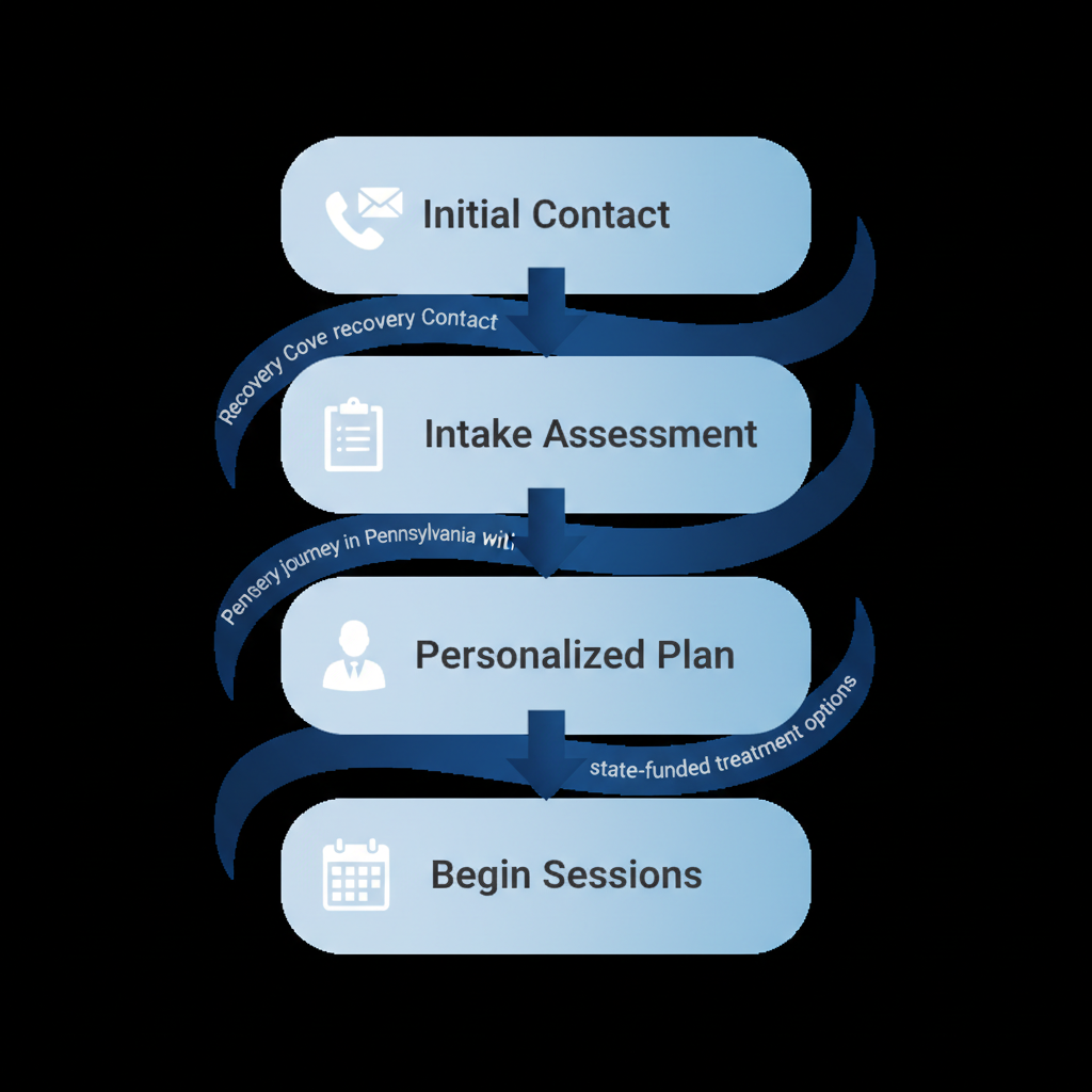 Vertical process flow diagram illustrating four steps to begin recovery at Recovery Cove: Initial Contact, Intake Assessment, Personalized Plan, and Begin Sessions.