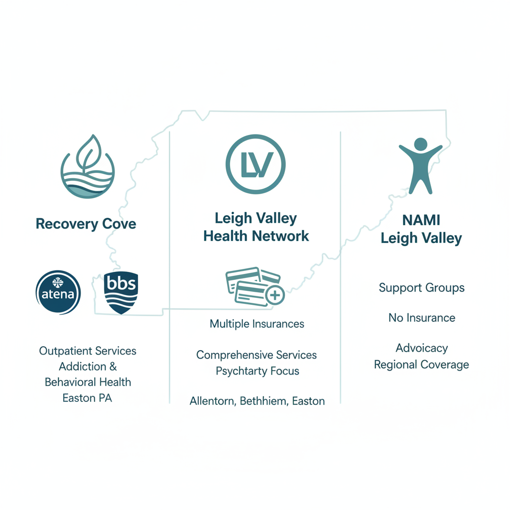 Infographic comparing Recovery Cove, Lehigh Valley Health Network, and NAMI Lehigh Valley mental health services with icons and minimal labels