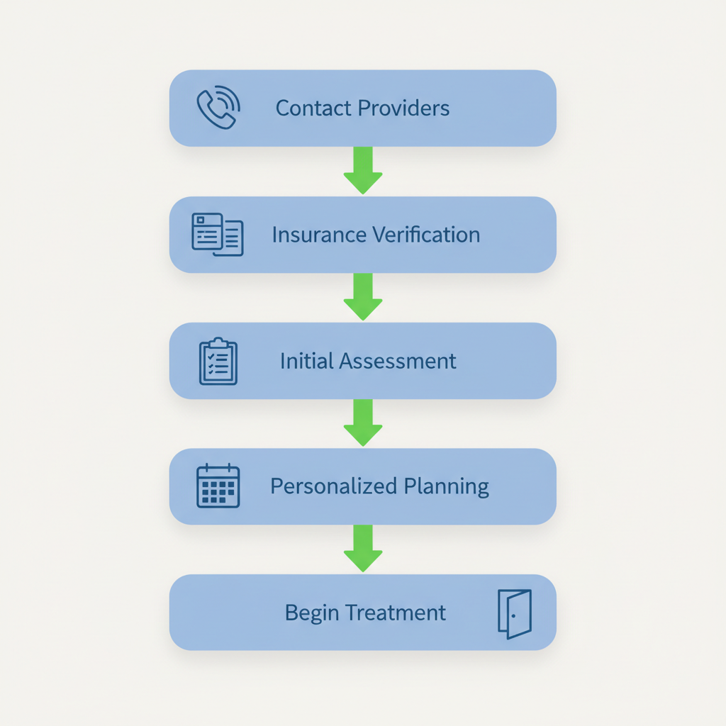 Vertical process flow diagram illustrating five steps to initiate mental health services: contact providers, verify insurance, initial assessment, personalized planning, and begin treatment with supportive icons.
