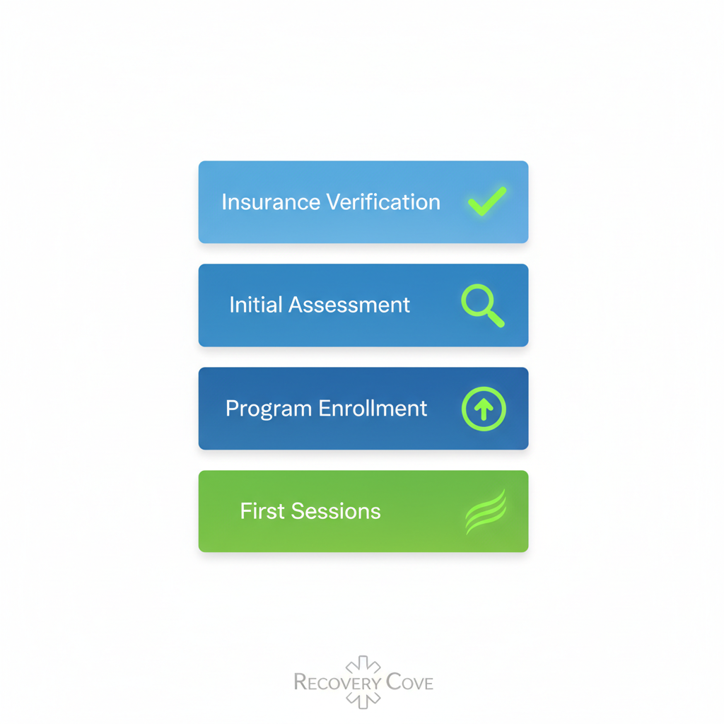Vertical process flow diagram illustrating the four key steps to begin addiction treatment at Recovery Cove, from insurance verification to first sessions.