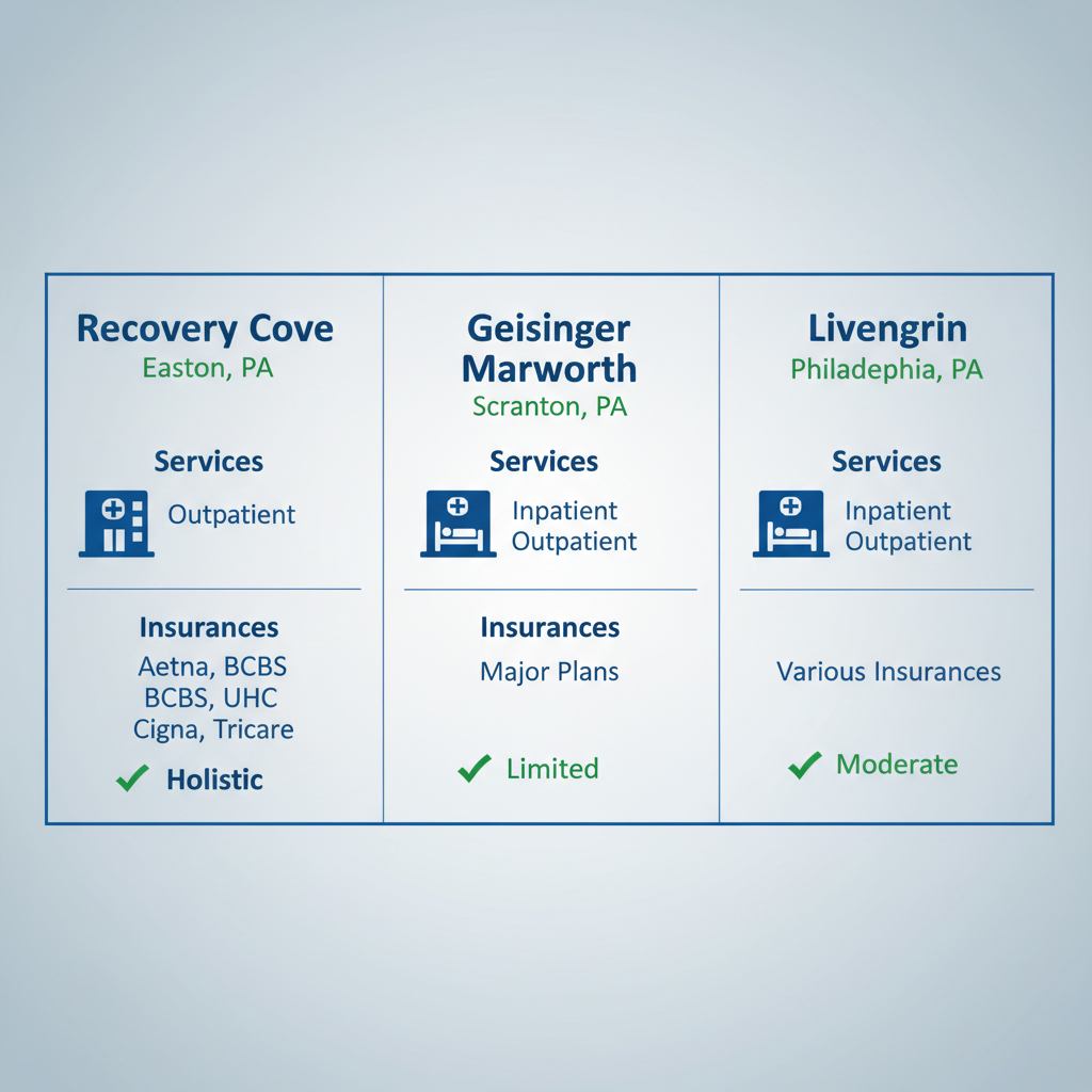 Infographic comparing Recovery Cove, Geisinger Marworth, and Livengrin rehab centers in Pennsylvania with services, insurance, and holistic care indicators