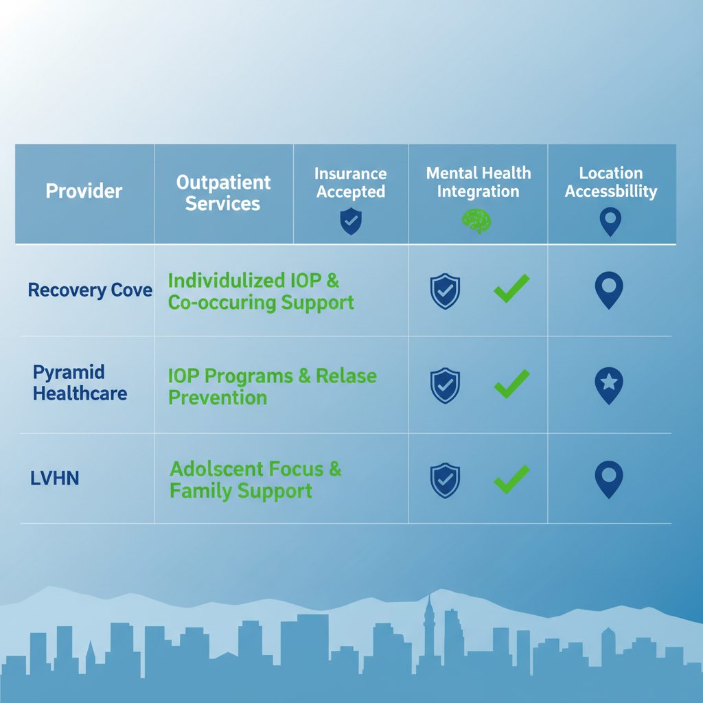 Infographic comparing addiction treatment providers in Allentown: Recovery Cove, Pyramid Healthcare, and LVHN across services, insurance, mental health, and accessibility.