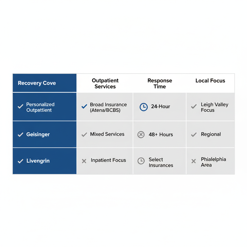 Infographic comparing drug rehab providers in Allentown area, highlighting Recovery Cove services and coverage