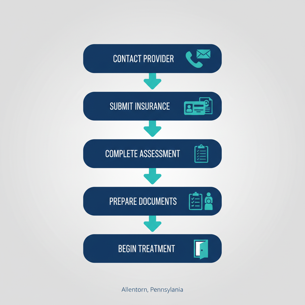 Vertical process flow diagram illustrating five steps to begin addiction recovery treatment in Allentown