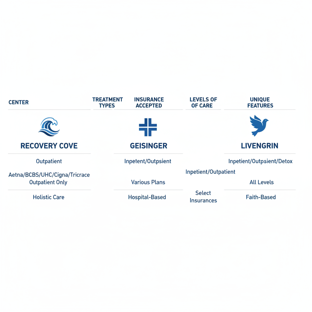 Infographic comparing Recovery Cove, Geisinger, and Livengrin alcohol rehab centers in Easton, PA, detailing treatment types, insurance, care levels, and unique features.