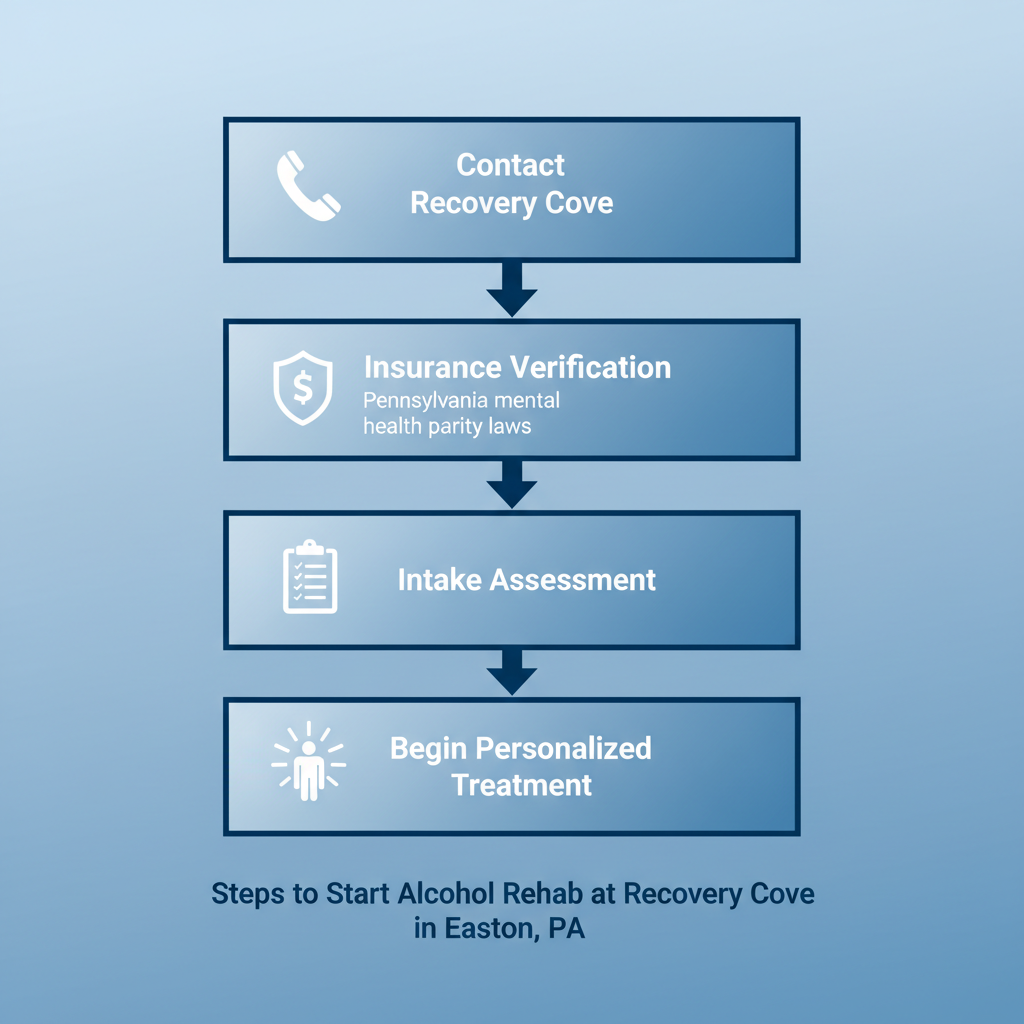 Vertical process flow illustrating the steps to begin alcohol rehab treatment at Recovery Cove in Easton, Pennsylvania
