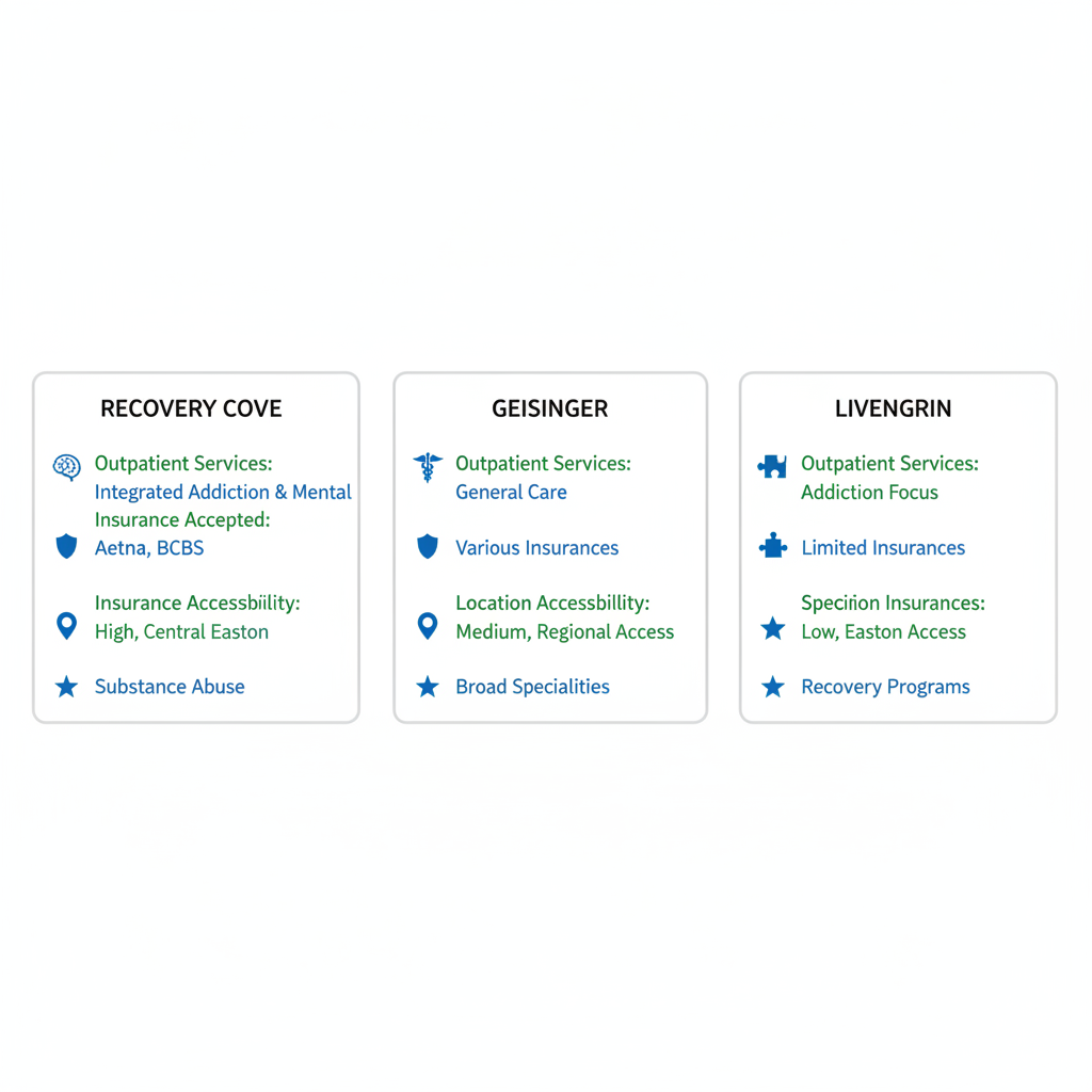 Infographic comparing mental health clinics in Easton, highlighting services, insurance, accessibility, and specialties