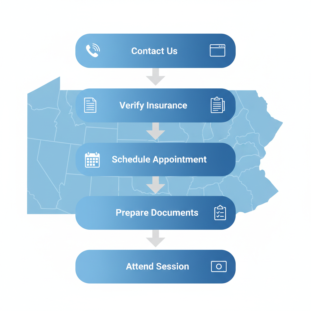 Process flow diagram illustrating five steps to start mental health services: contact, verify, schedule, prepare, and attend.