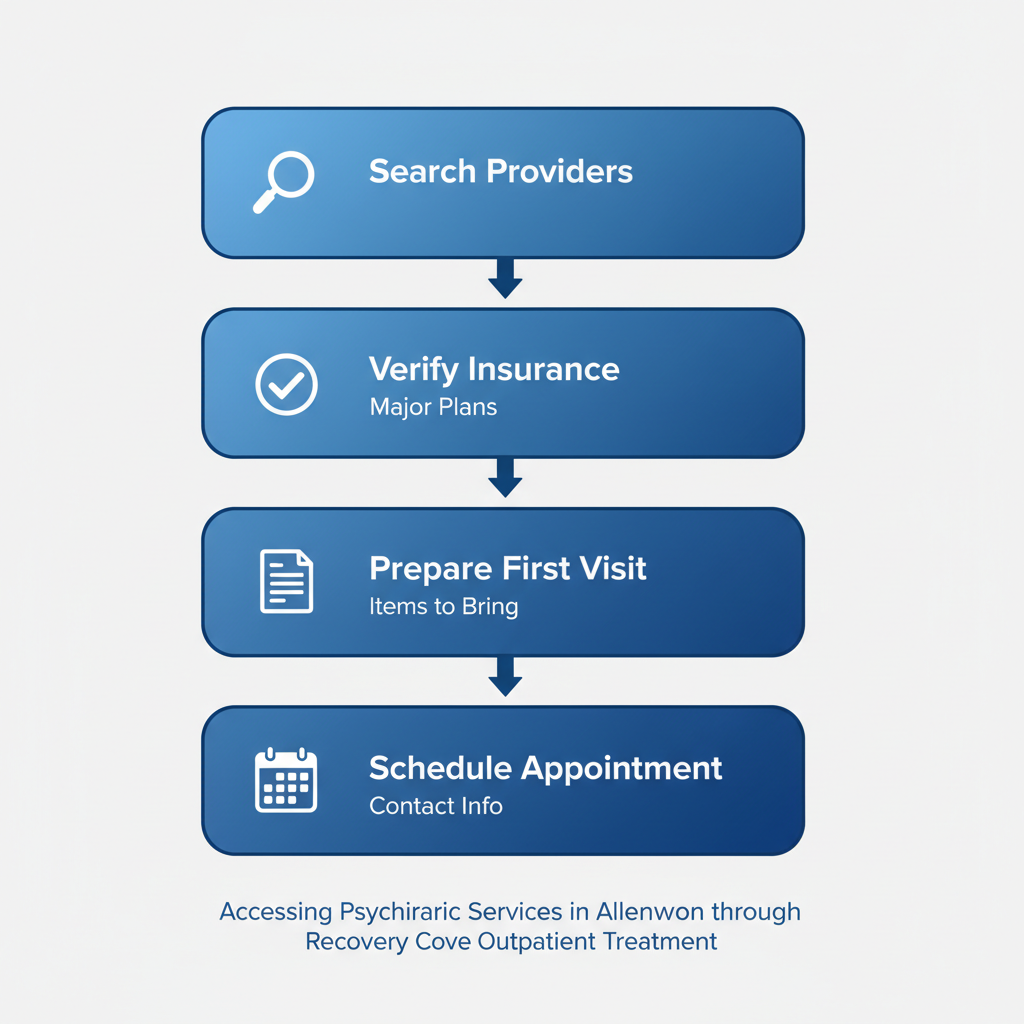 Vertical process flow diagram illustrating four key steps to access psychiatric services in Allentown