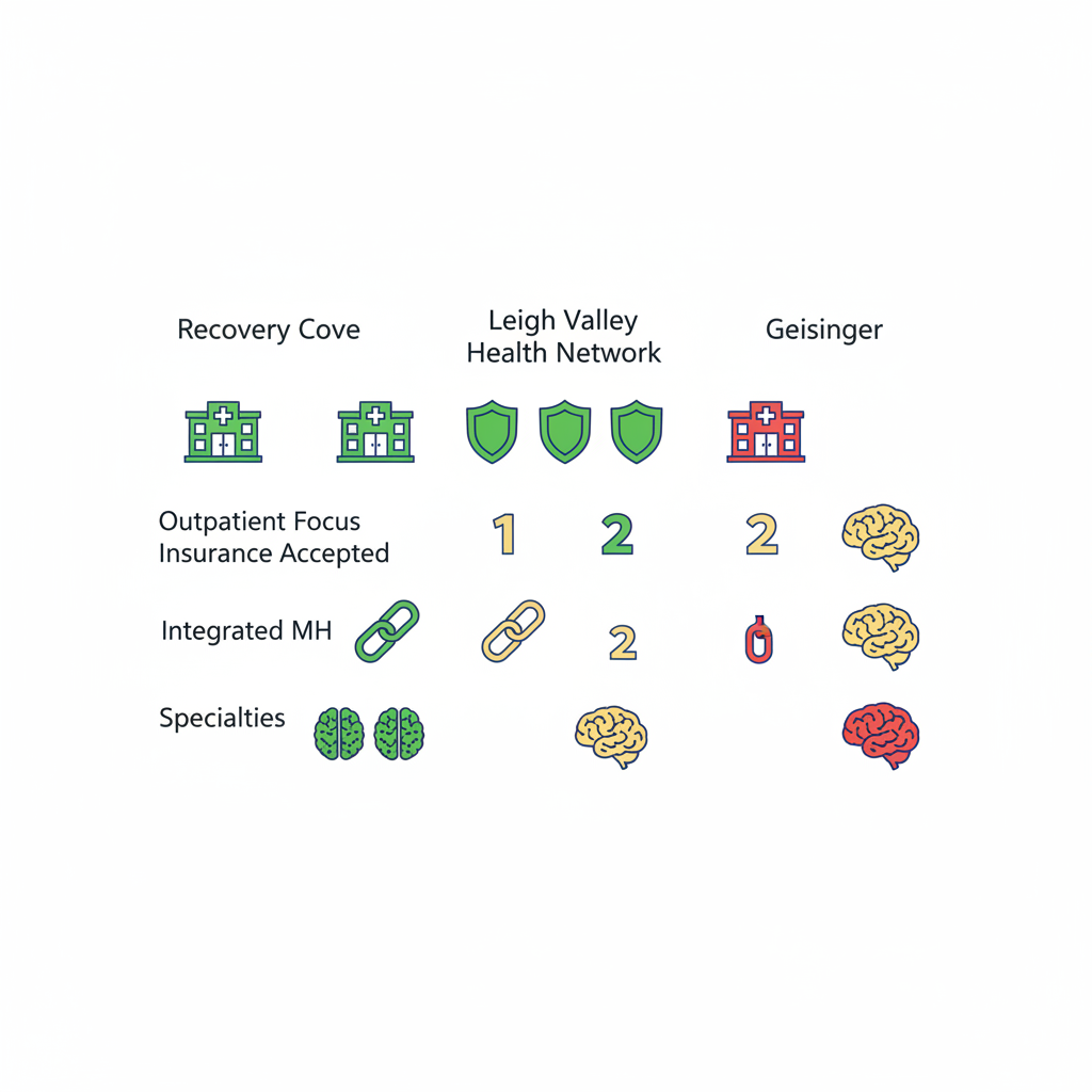 Infographic comparing psychiatric services of Allentown providers using icons and color coding