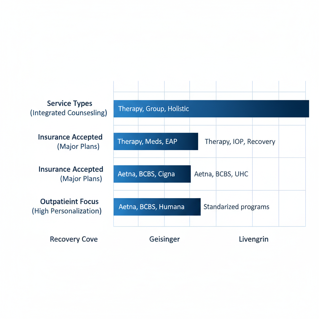Horizontal bar chart comparing mental health providers Recovery Cove, Geisinger, and Livengrin in Bethlehem, PA on service types, insurance acceptance, and outpatient focus.