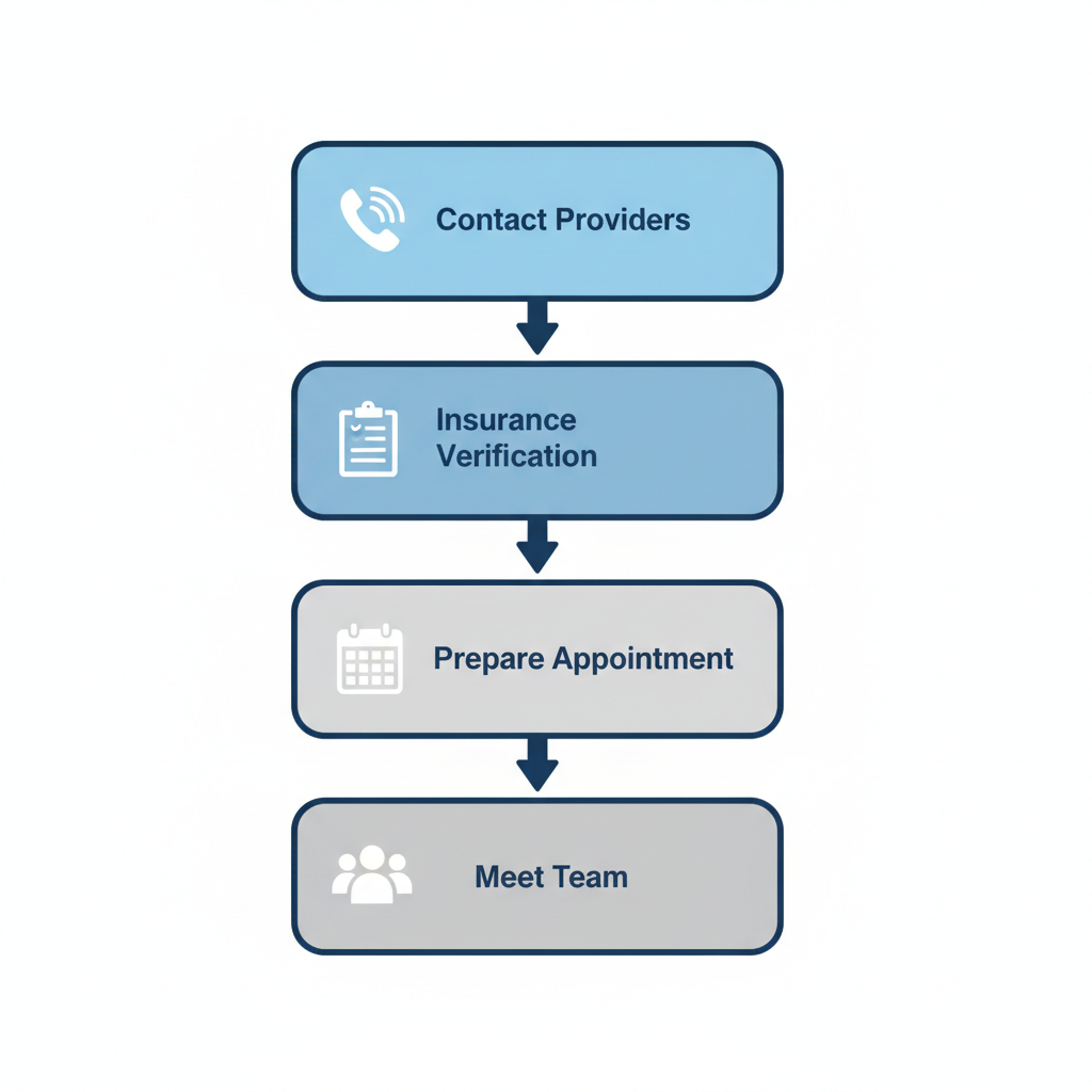 Vertical process flow diagram showing four steps to start counseling in Bethlehem, PA: contact providers, verify insurance, prepare appointment, meet team.