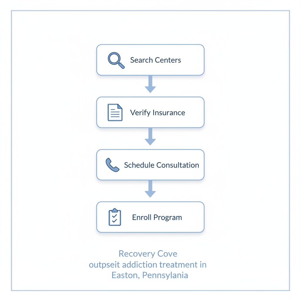 Vertical process flow diagram showing four key steps to start recovery at Recovery Cove: search, verify insurance, schedule consultation, and enroll.