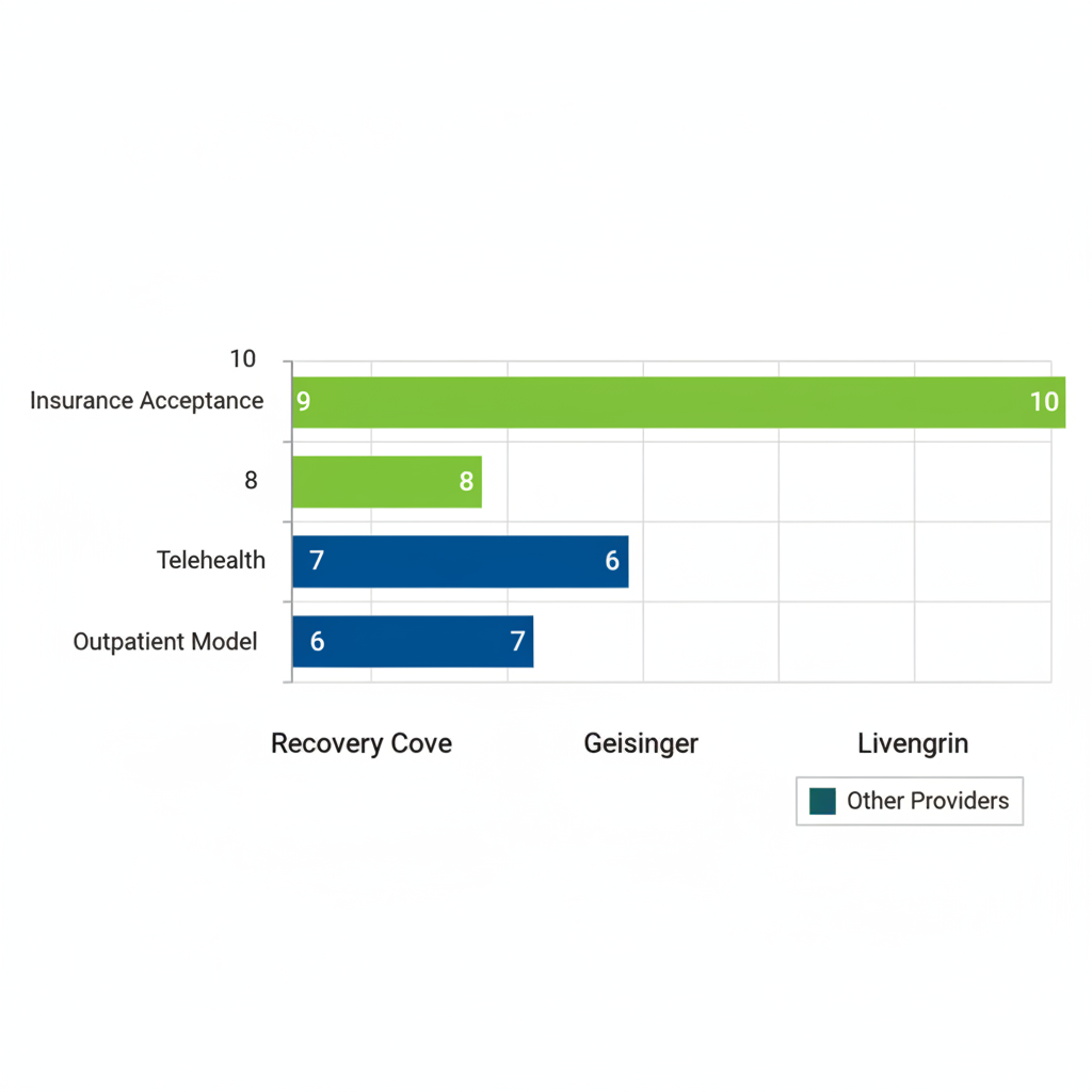 Horizontal bar chart comparing service ratings of mental health providers in Bethlehem: Recovery Cove, Geisinger, and Livengrin, focusing on insurance, telehealth, and outpatient services