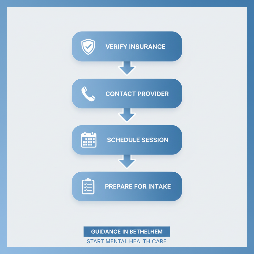 Vertical process flow illustrating four key steps to initiate mental health care: verifying insurance, contacting the provider, scheduling a session, and preparing for intake.