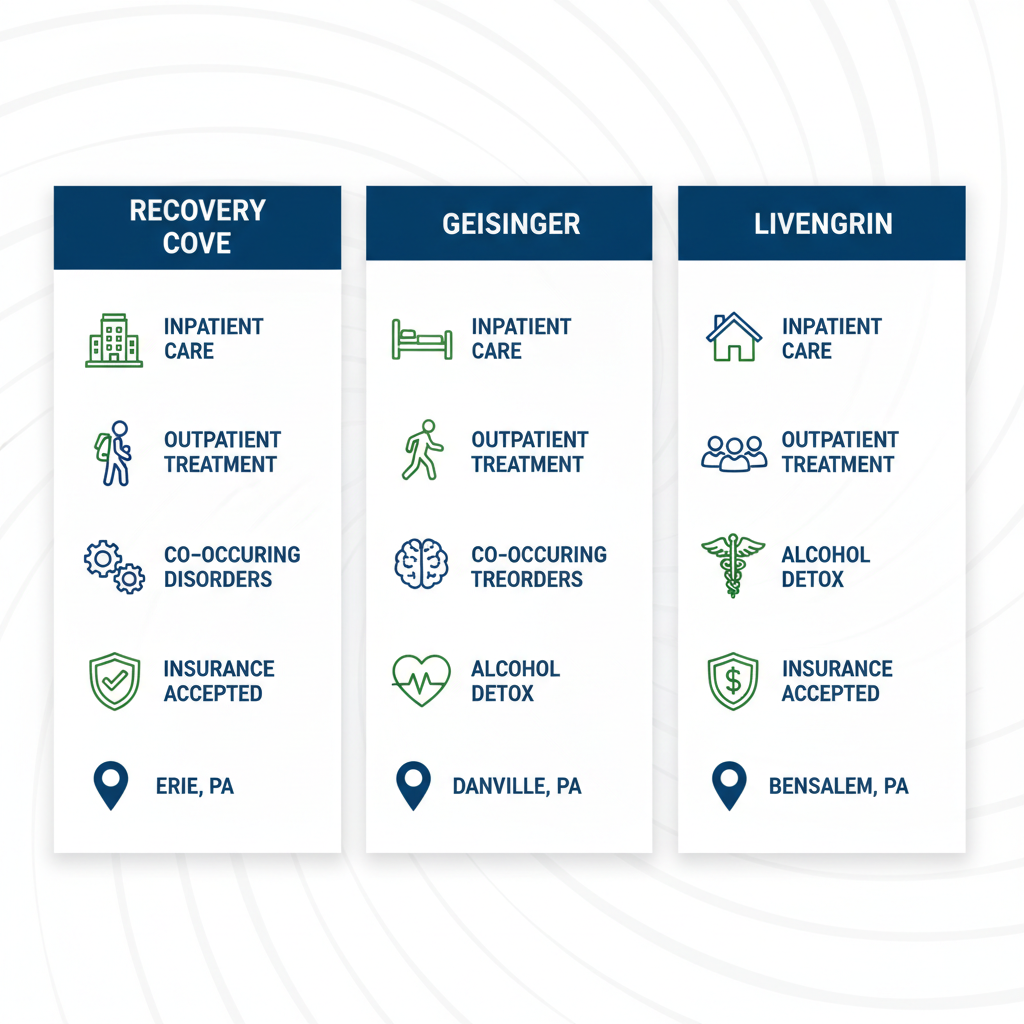 Infographic comparing Recovery Cove, Geisinger, and Livengrin drug rehab centers in Pennsylvania with service icons and location pins