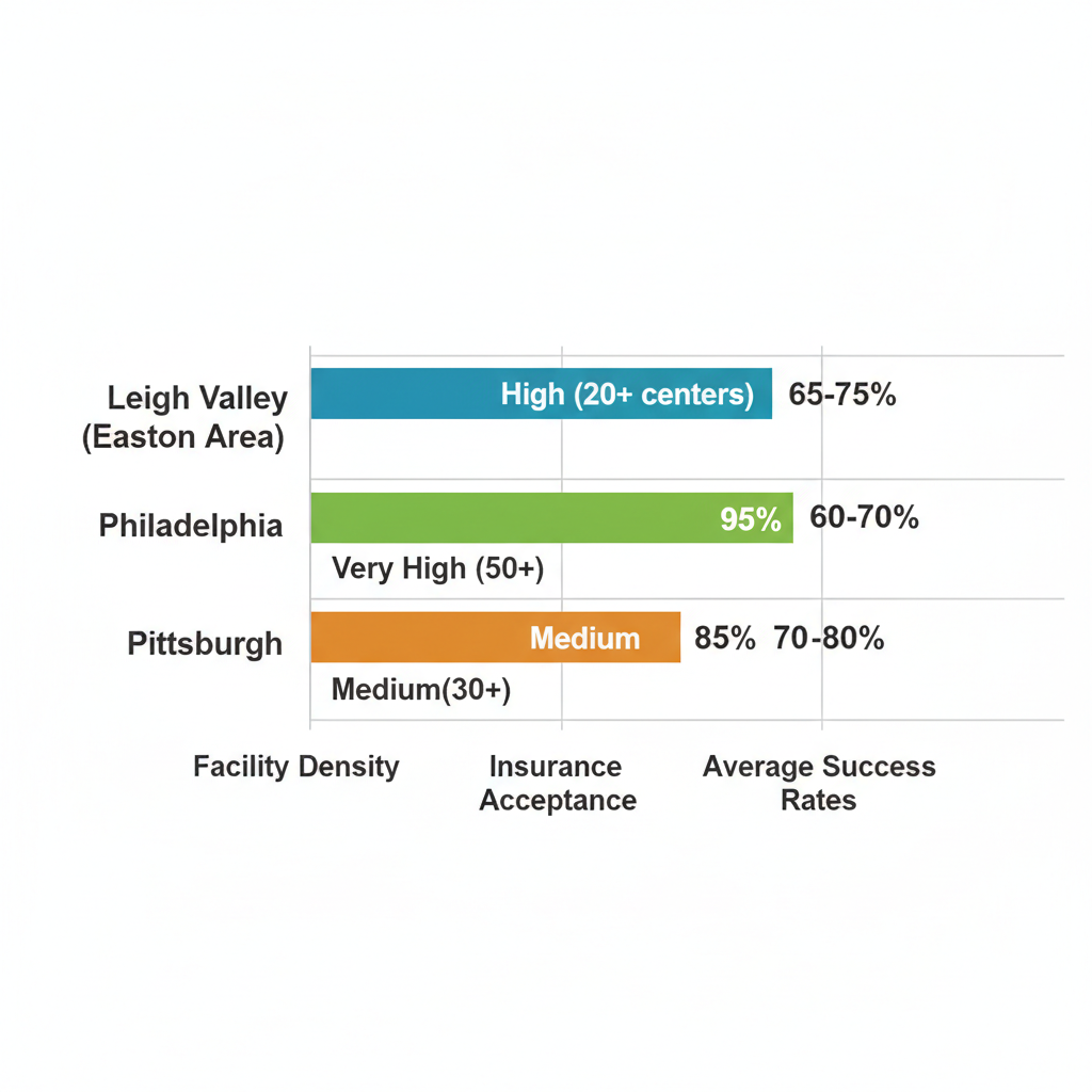 Horizontal bar chart comparing facility density, insurance acceptance, and success rates for alcohol rehab in Pennsylvania regions: Lehigh Valley, Philadelphia, and Pittsburgh.