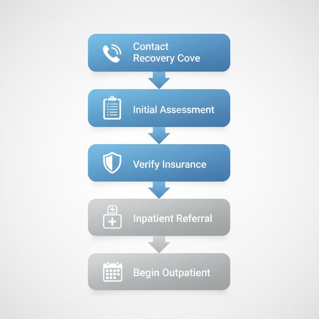 Vertical process flow diagram showing five steps to start addiction recovery treatment at Recovery Cove in Easton, Pennsylvania, with icons for each stage.