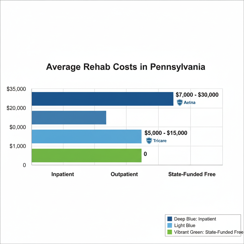 Horizontal bar chart showing average rehab costs in Pennsylvania: inpatient, outpatient, and free programs with insurance icons.