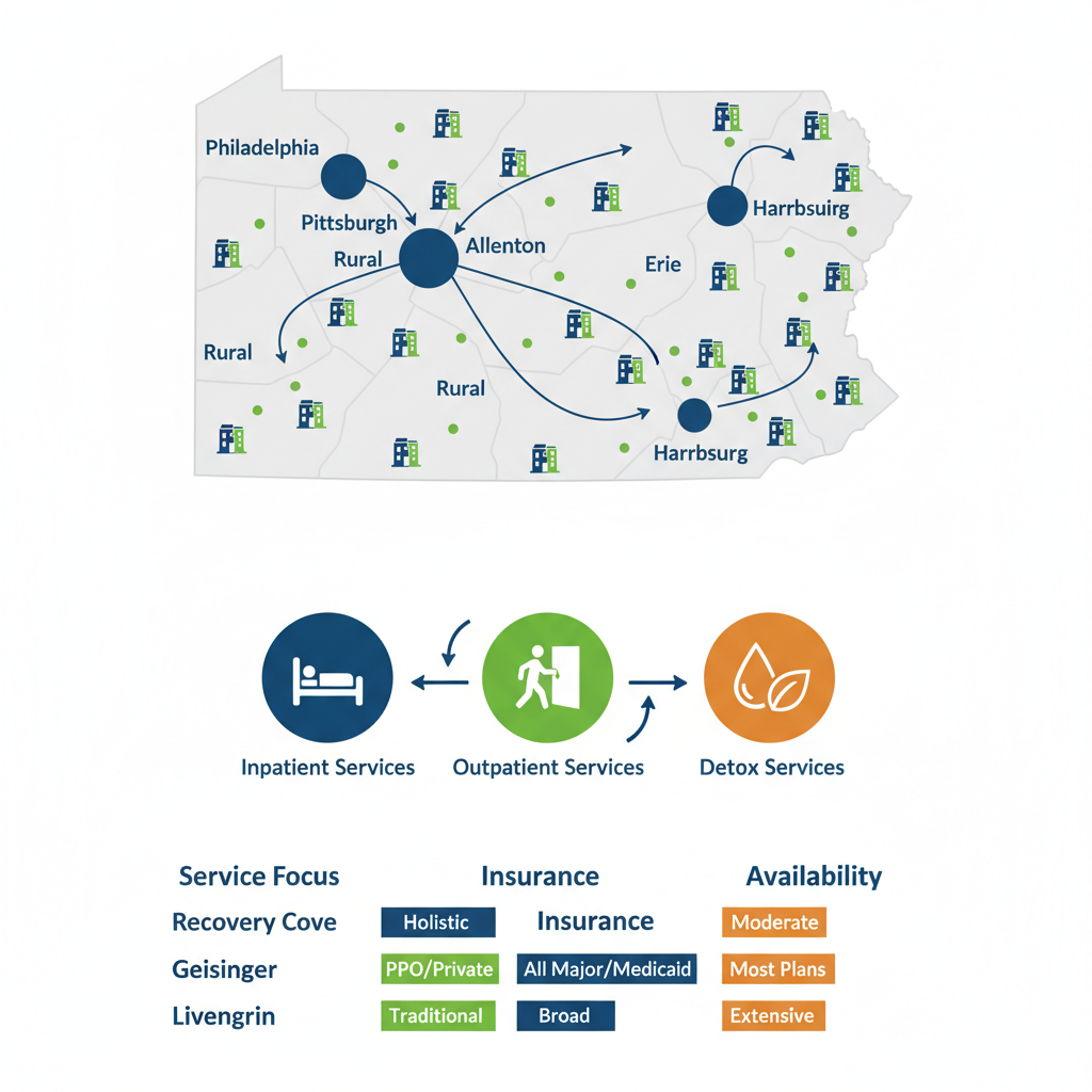 Infographic depicting Pennsylvania's addiction treatment landscape with map, service icons, and provider comparison chart