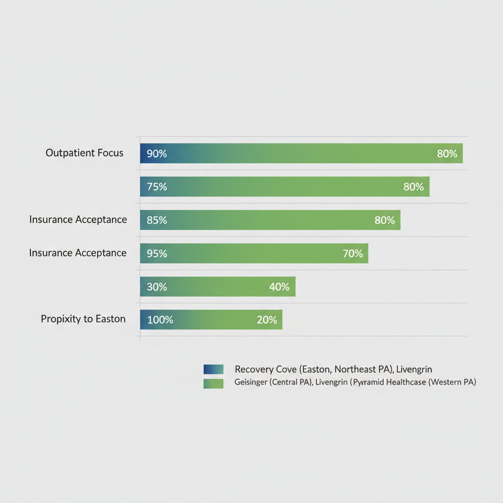 Horizontal bar chart comparing outpatient focus, insurance acceptance, and proximity to Easton for Recovery Cove and other Pennsylvania mental health facilities.