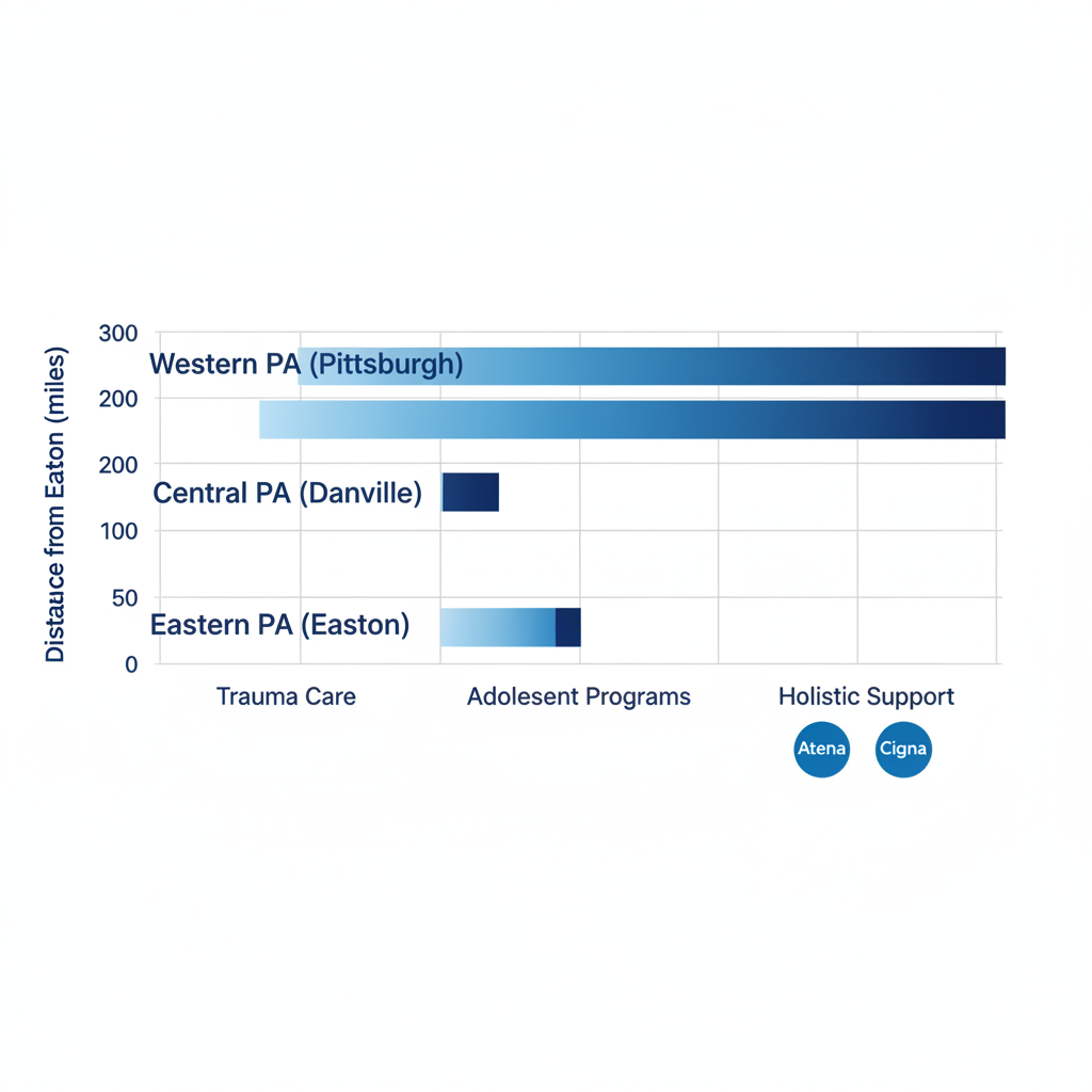 Horizontal bar chart showing distances and specialties of mental health facilities in Western, Central, and Eastern Pennsylvania from Easton.