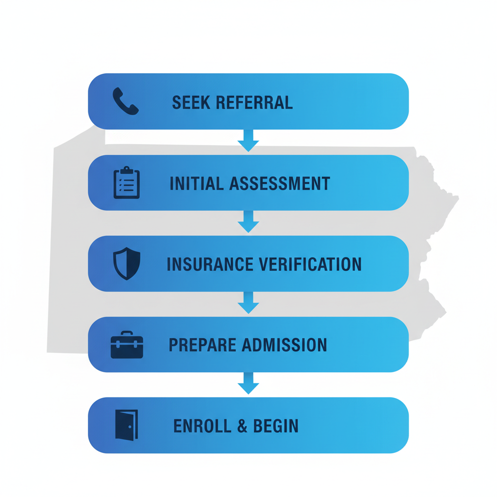 Vertical process flow diagram showing five steps to start residential treatment in Pennsylvania with icons and blue gradients.
