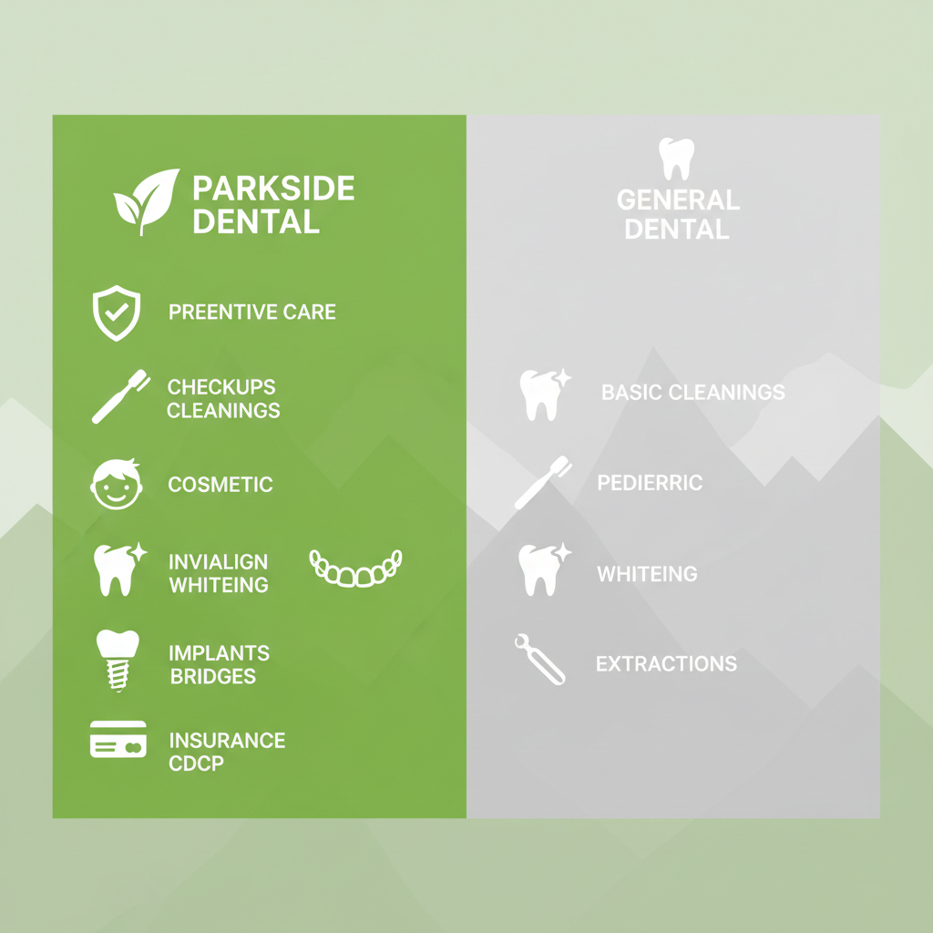 Infographic comparing dental services offered by Parkside Dental Group and general Squamish clinics, highlighting comprehensive options versus limited ones.