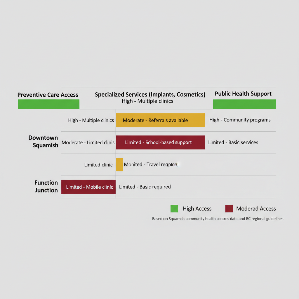 Horizontal bar chart depicting dental service access levels in three Squamish neighborhoods across preventive care, specialized services, and public health support.