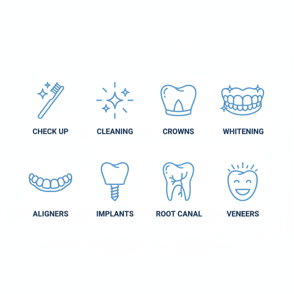 Grid of eight icons depicting dental services: checkup, cleaning, crowns, whitening, Invisalign, implants, root canal, and veneers for family care in Squamish.