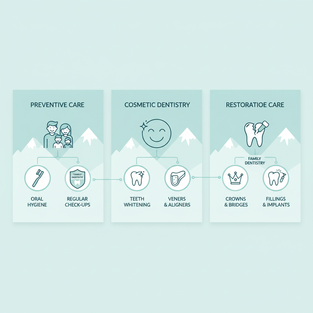 Infographic showing Squamish dental services landscape with panels for preventive, cosmetic, and restorative care, icons of patients, and connecting lines for comprehensive family dentistry.