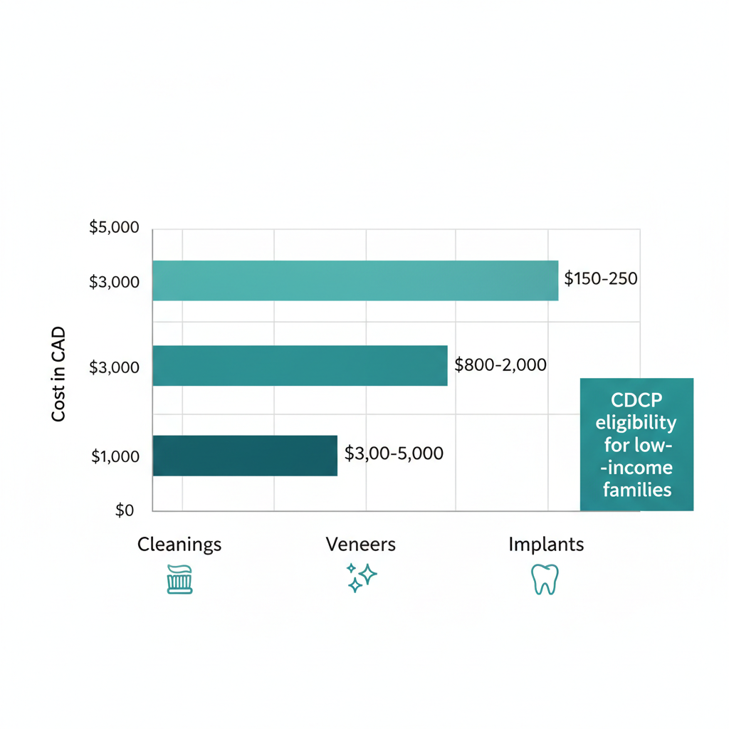 Horizontal bar chart of average dental service costs in Squamish, BC, with icons and CDCP note