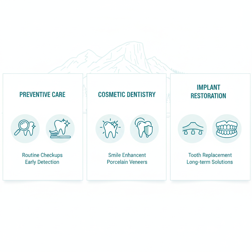 Infographic illustrating preventive care, cosmetic dentistry, and implant restoration services in Squamish