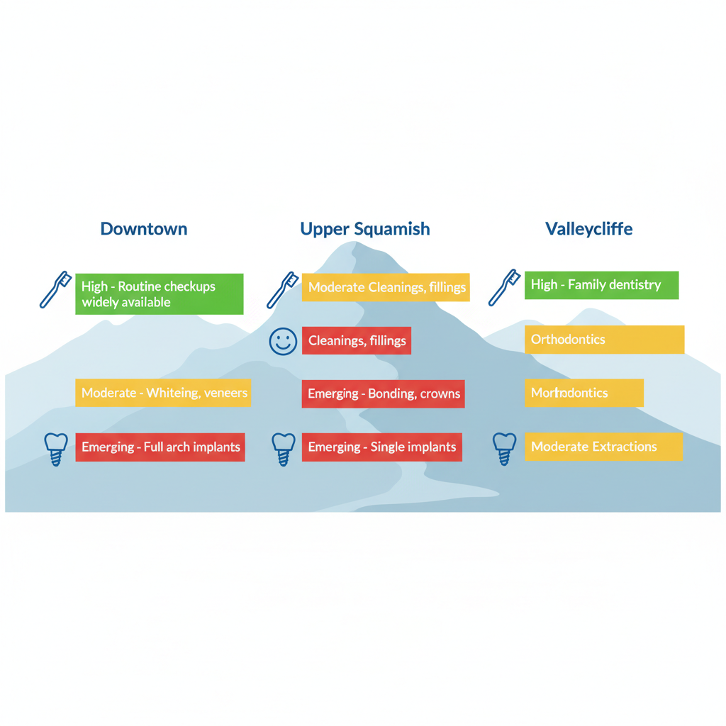 Infographic comparing dental service availability in Squamish neighborhoods: Downtown, Upper Squamish, and Valleycliffe with color-coded icons and bars.