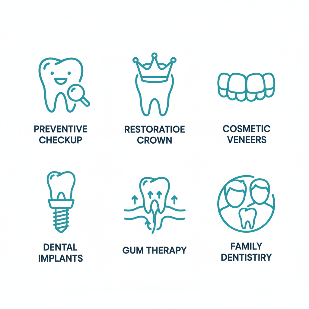 Grid of icons depicting preventive care, restorative services, cosmetic enhancements, dental implants, gum therapy, and family dentistry.