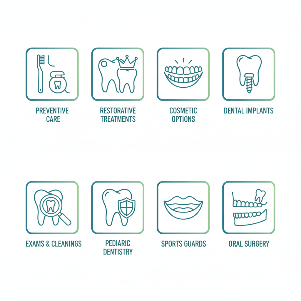 Grid of icons showing comprehensive dental services including preventive, restorative, cosmetic, and implant options.