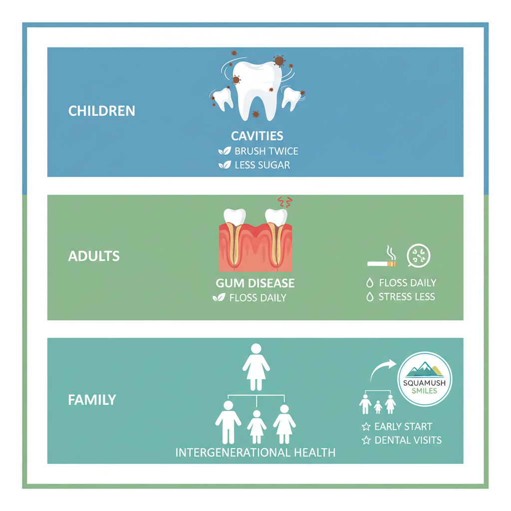 Infographic showing family oral health challenges including children's cavities, adult gum disease, and intergenerational links with prevention tips