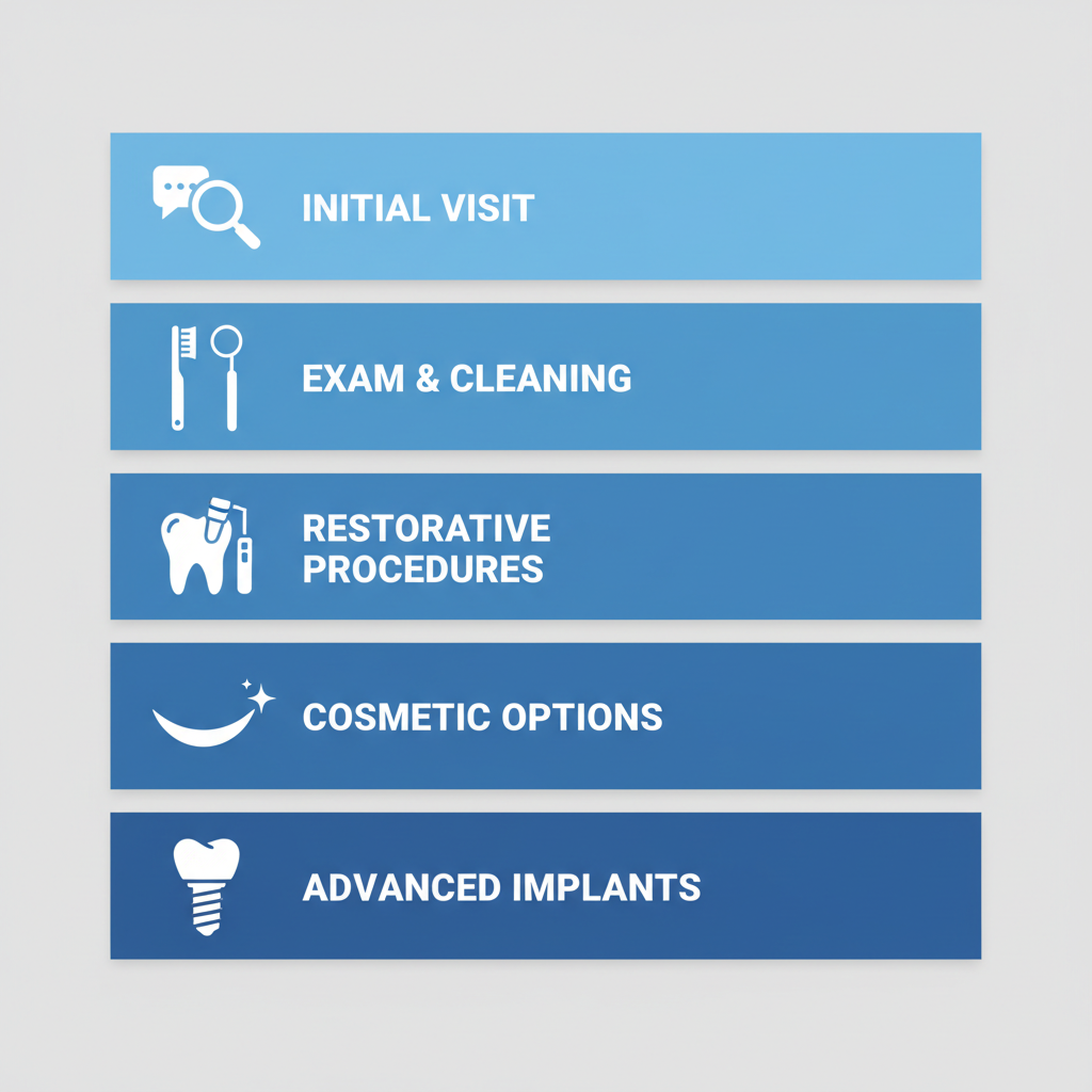 Vertical process flow diagram showing five steps in family dental treatments: initial visit, exam and cleaning, restorative procedures, cosmetic options, and advanced implants.