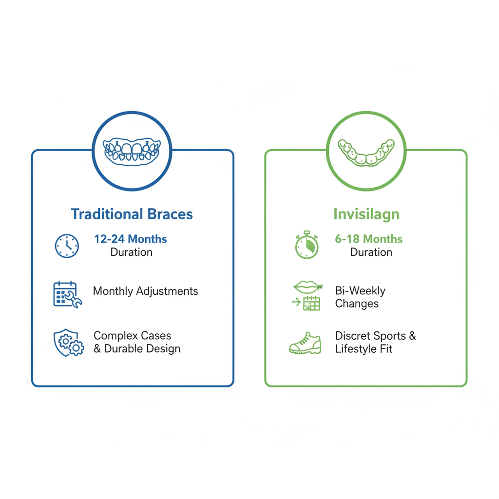 Infographic comparing traditional braces and Invisalign orthodontic treatments for Squamish families.
