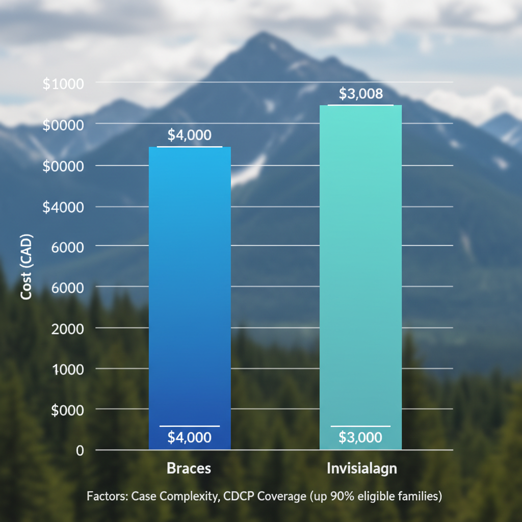 Bar chart of orthodontic treatment costs in Squamish including braces and Invisalign ranges with CDCP coverage