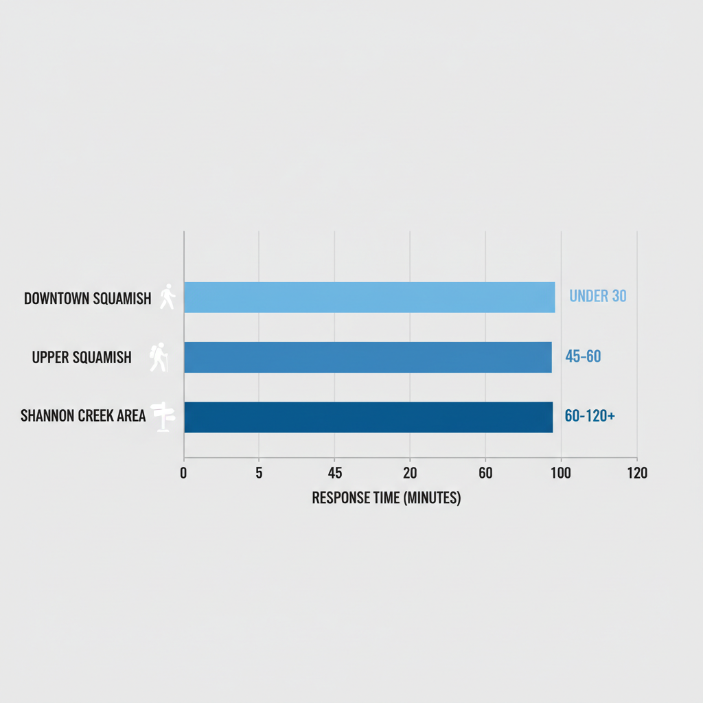 Horizontal bar chart showing emergency dental response times across Squamish neighborhoods with icons for each area.