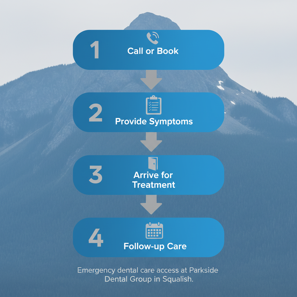 Vertical process flow diagram showing four steps to access emergency dental care: call or book, provide symptoms, arrive for treatment, and follow-up care.