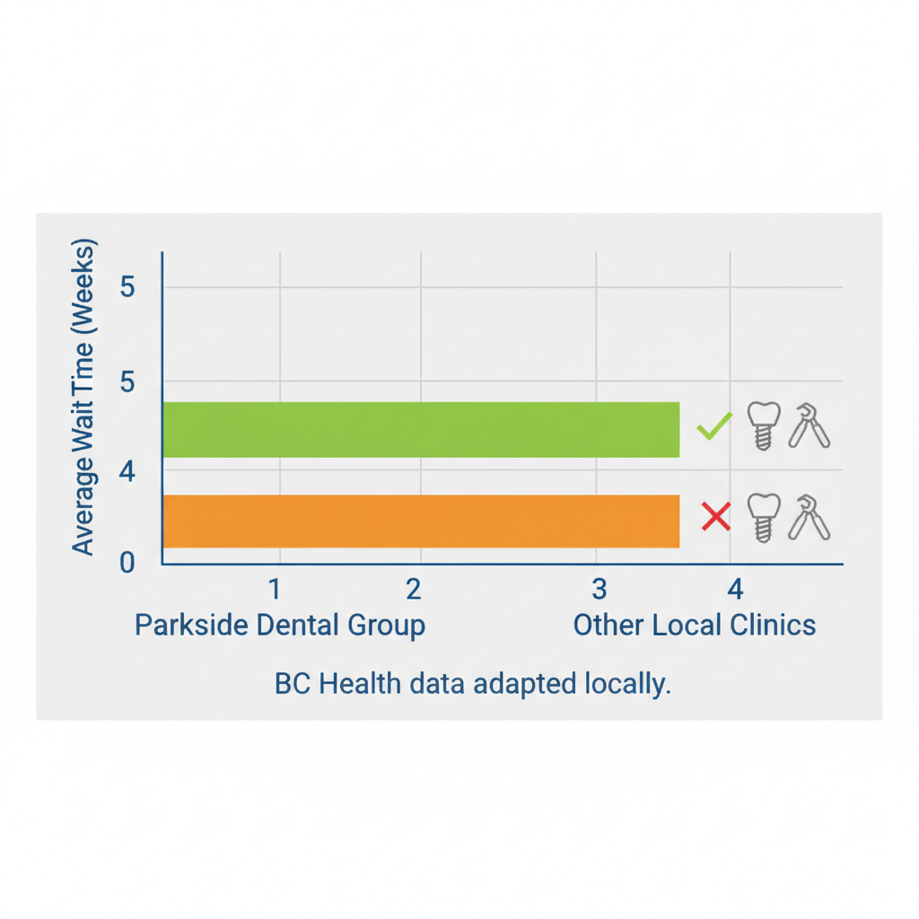 Horizontal bar chart comparing oral surgery wait times in Squamish dental clinics, highlighting shorter waits and insurance billing at Parkside Dental Group.