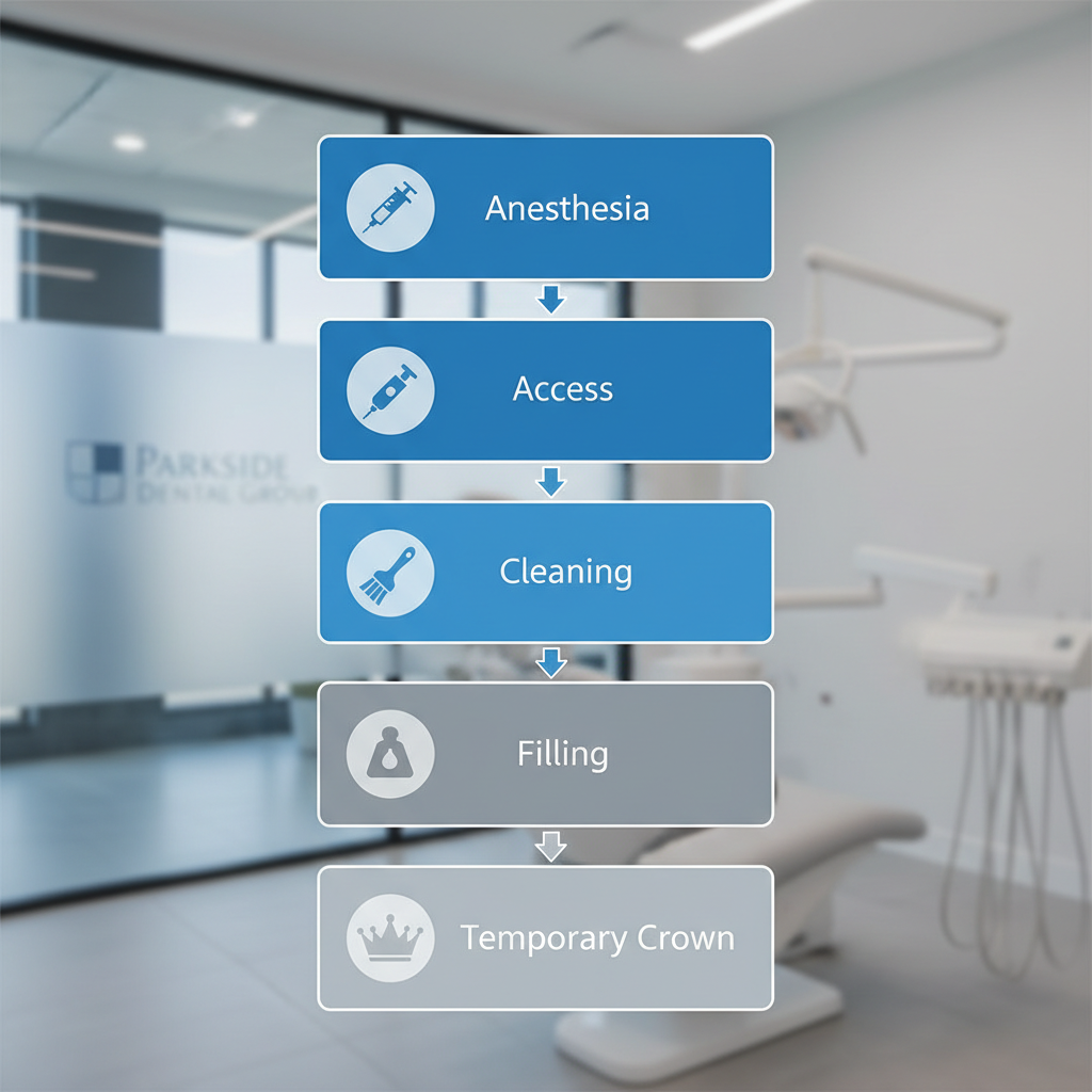 Vertical process flow diagram of root canal procedure stages at Parkside Dental Group