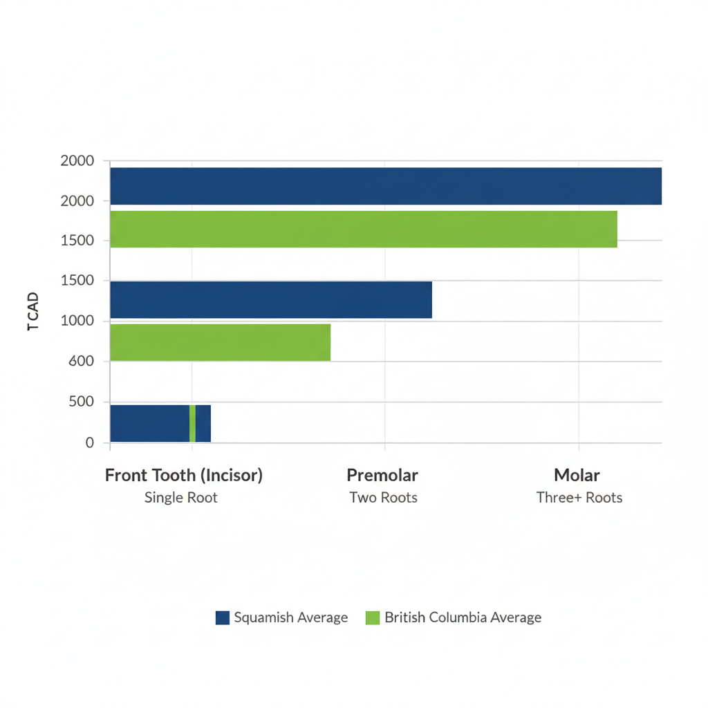 Horizontal bar chart comparing root canal costs for front teeth, premolars, and molars in Squamish versus British Columbia averages